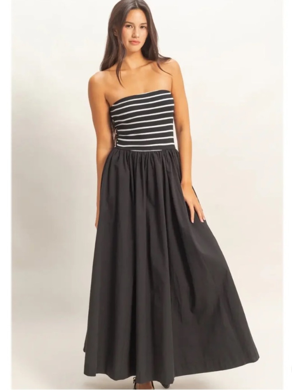 Double Zero Black Striped Strapless Midi Dress – Size Small NWT